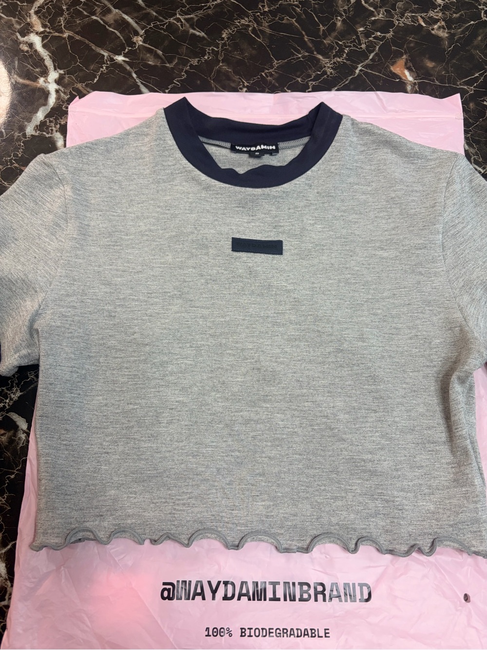 WavyDamin Grey Ringer Crop Top and Skirt with Navy Trim